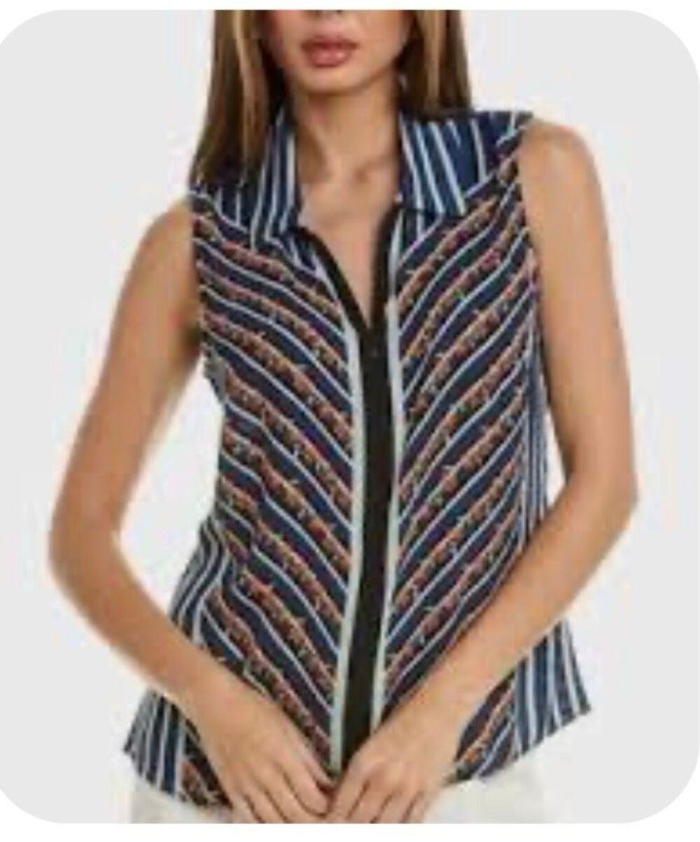 CAbi sleeveless blue and black striped chevron blouse - M